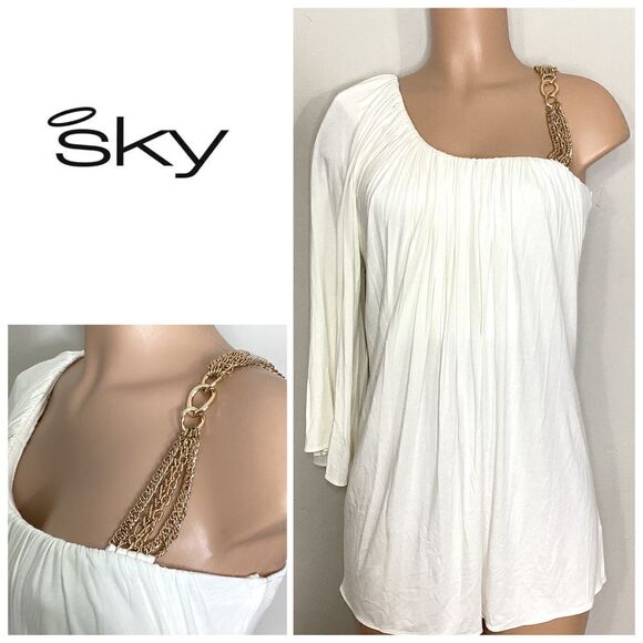 New. SKY ivory white gathered long sleeve mini with chains. Retails $249 - Picture 1 of 10
